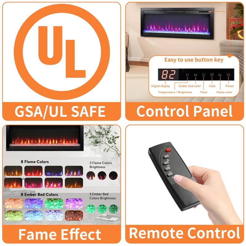 44 in. Wall Mount Recess Tempered Glass Electric Fireplace with remote multi color,LED light heater in Black