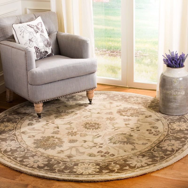 SAFAVIEH, Handmade Anatolia Patricie Traditional Oriental Hand-spun Wool Rug - 6' Round - Ivory/Grey
