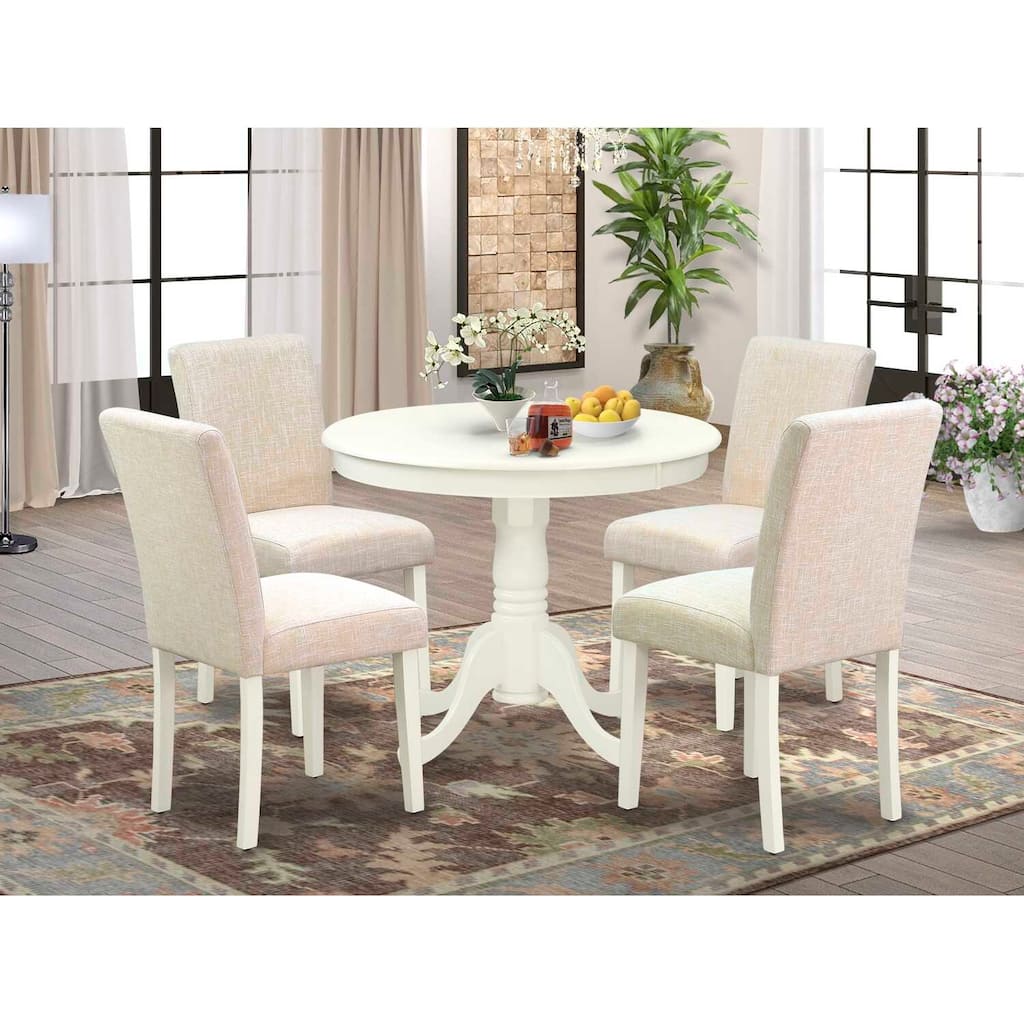 Antique Dining Set for 4 - 36 Inch Round Table & 4 Linen Chairs - Country Cottage Style