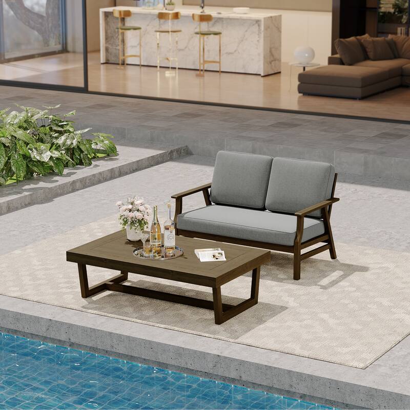 Modern Wood Outdoor Patio Sofa Loveseat with Cushion