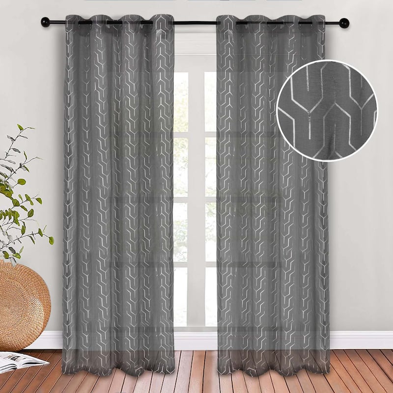 Superior Contemporary Geometric Trellis Sheer Curtains, Rod Pocket or Grommets, Set of 2 - 52" x 96" - Grey