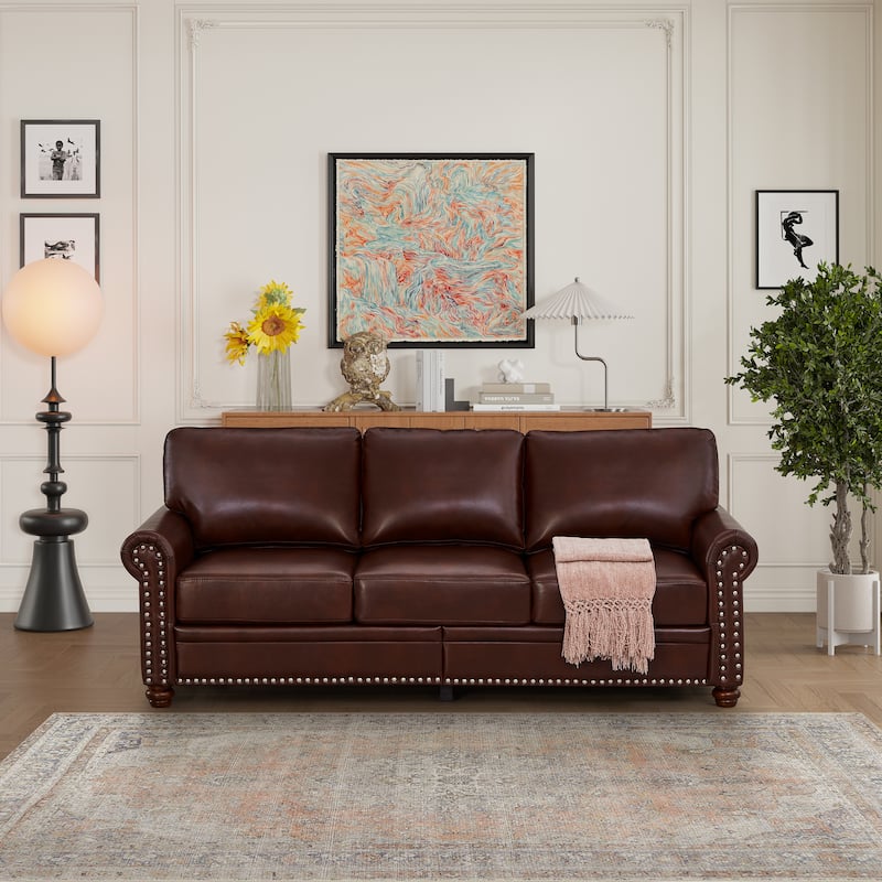 Elegant Living Room Sofa: High Capacity Faux Leather Couch with Decorative Nails