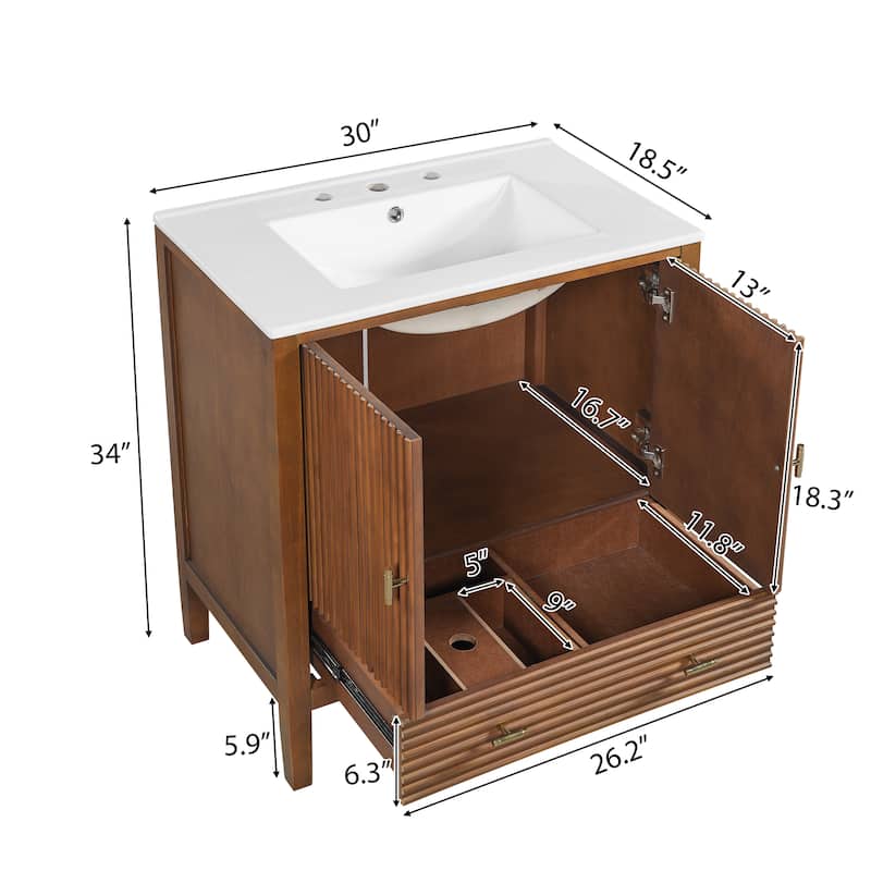 Christopher Knight Home - Mid-Century Freestanding Bathroom Vanity with Ceramic Sink, Flip-Up & Dual Drawers