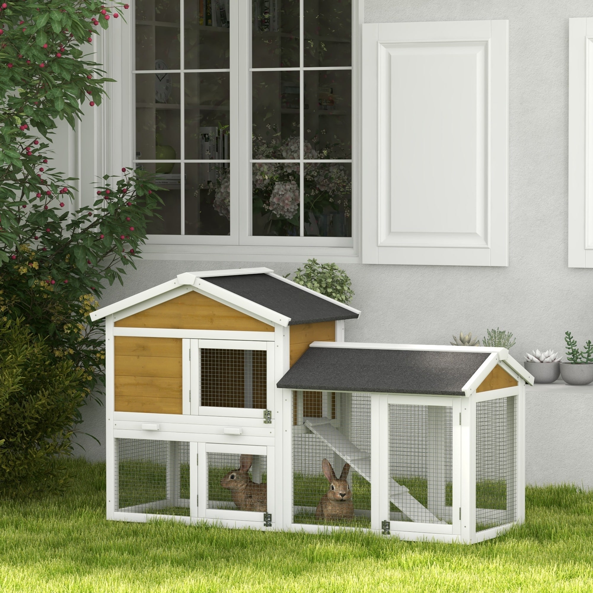 PawHut 58" Large Rabbit Hutchwith Run, Removable Tray, Asphalt Roof, Lockable Doors and Ramp, for 1-2 Small Rabbits,