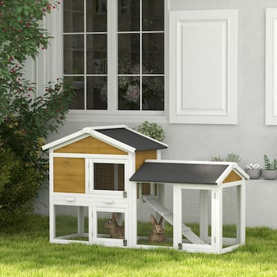 Indoor Outdoor Bunny Hutch with Asphalt Roof and Slide-Out Tray