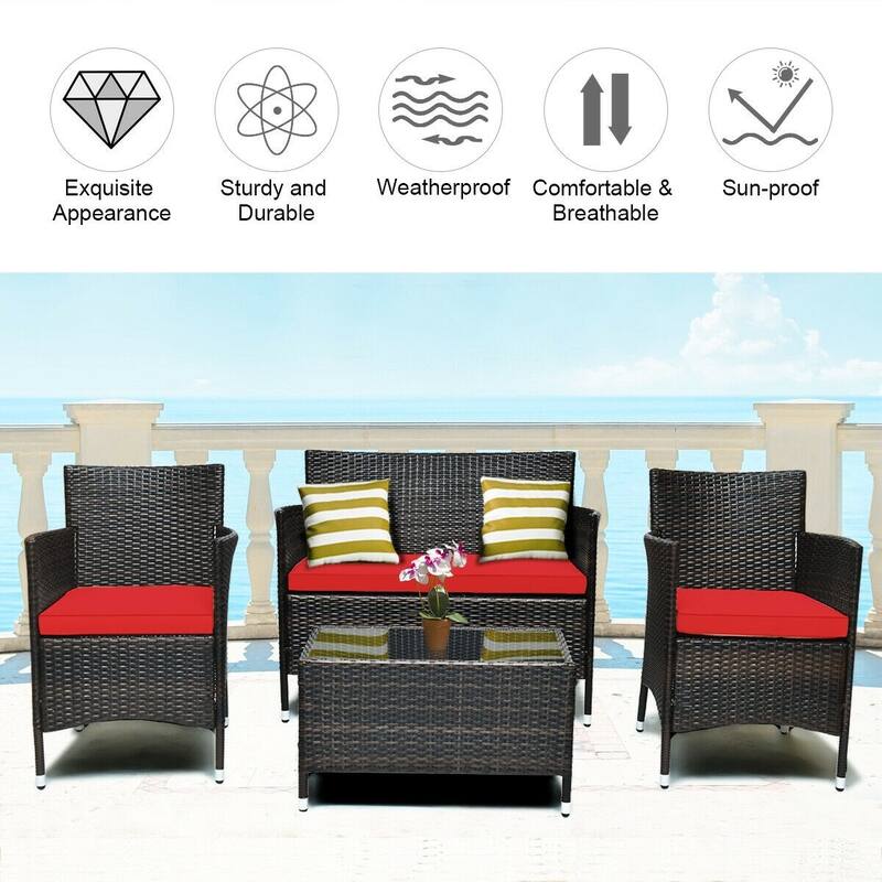 Rattan Patio Conversation Furniture Set with Glass Table and Comfortable Sofa - 4 Pcs