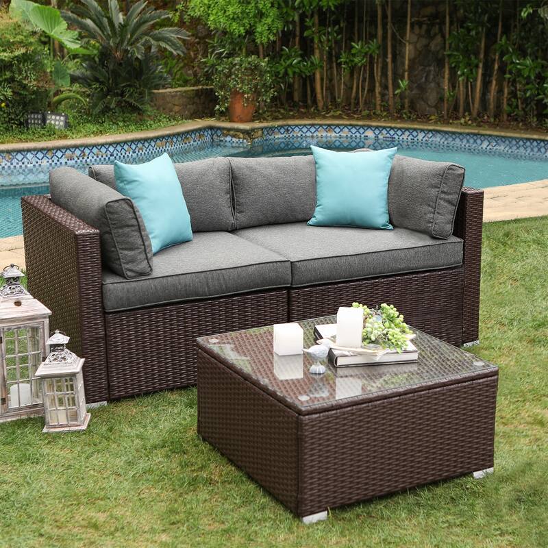 COSIEST 3-Piece Outdoor Furniture Set Brown Wicker Sectional Sofa With Cushions, Glass-Top Coffee Table,Pillows - Brown