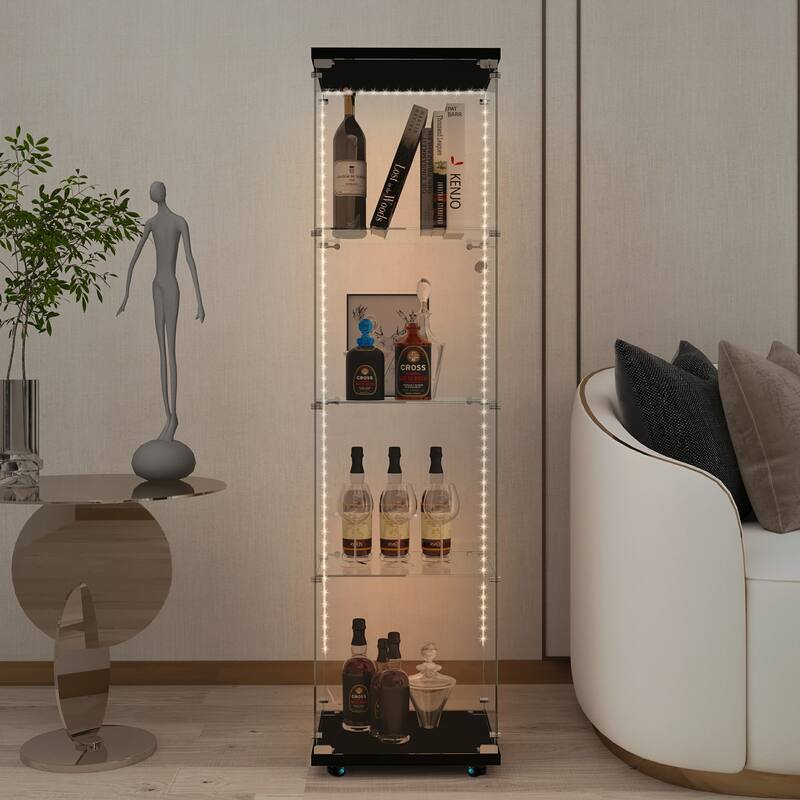 Tempered glass display cabinet, wine cabinet,storage cabinet, file cabinet, with Bluetooth LED light strip, lock on the door - Black