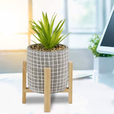 10-Inch Tall Artificial Succulent Fake Plant in Gray Cement Pot with Wooden Stand, Faux Plants