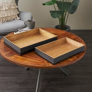 Brown Mango Wood Handmade Living Room Decor Tray with Black Groove Exterior (Set of 2)