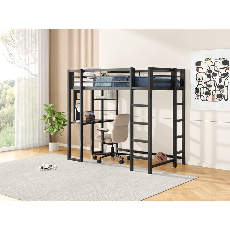 Twin Size Metal Loft Bed with Integrated Desk and Storage, Study & Sleep Space-Saving Solution