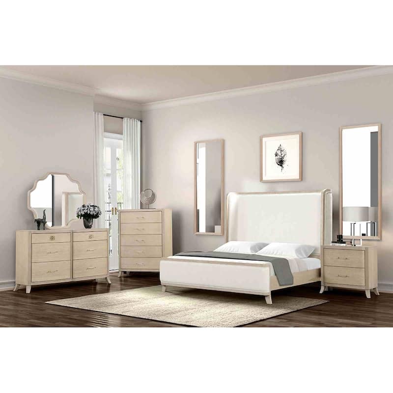 Natural Oak Transitional Bedroom Set with Padded Headboard and Charging Port