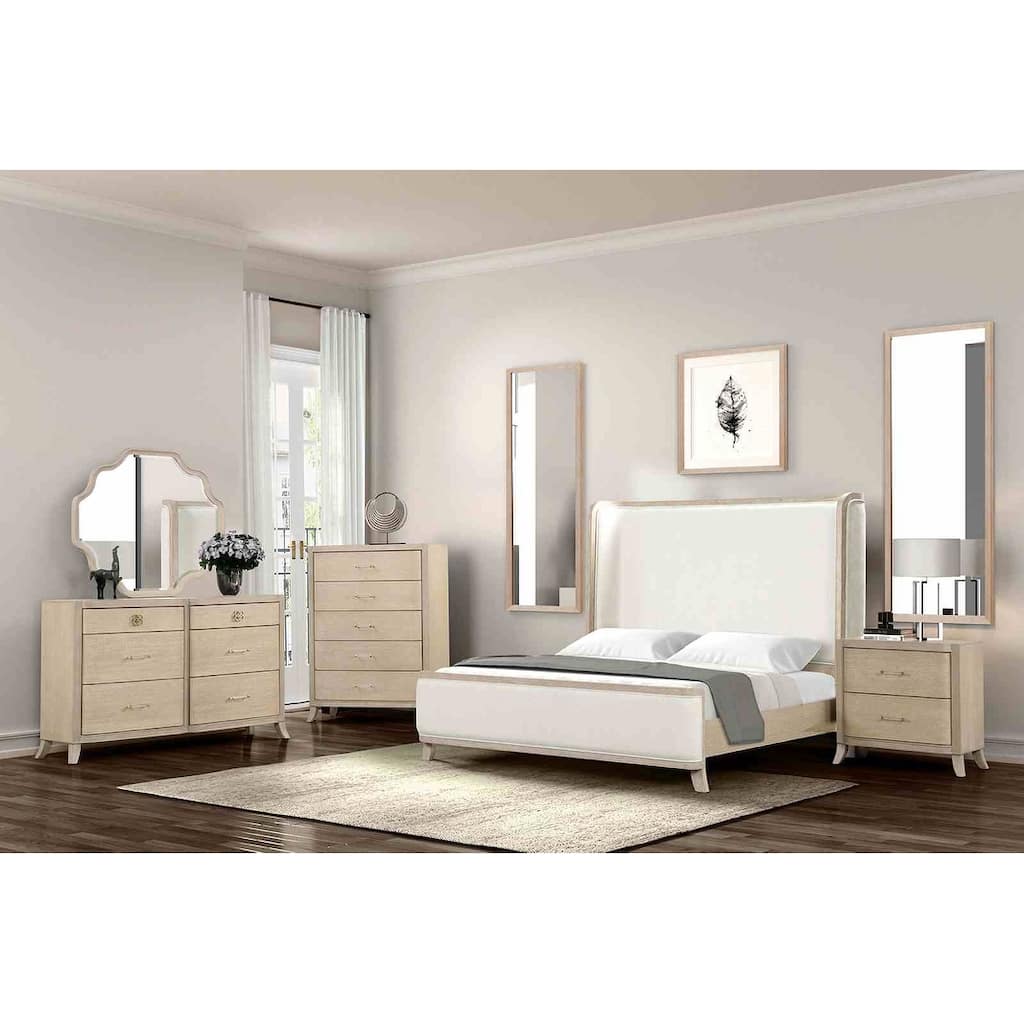Natural Oak Transitional Bedroom Set with Padded Headboard and Charging Port