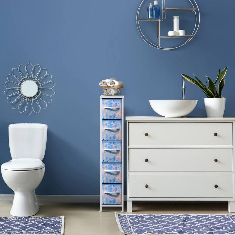 Sorbus Narrow Dresser with 5 Drawers - Vertical Slim Storage Chest of Drawers with Steel Frame, Wood Top & Easy Pull Fabric Bins