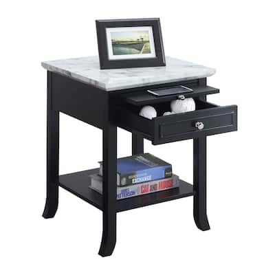 End Table with Drawer and Slide Out Shelf, White Faux Marble Top with Black Frame, Stylish Accent Side Table with Storage - 18