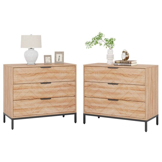 Modern Nightstand with 3 Drawers, Wooden Bed Side Table for Bedroom