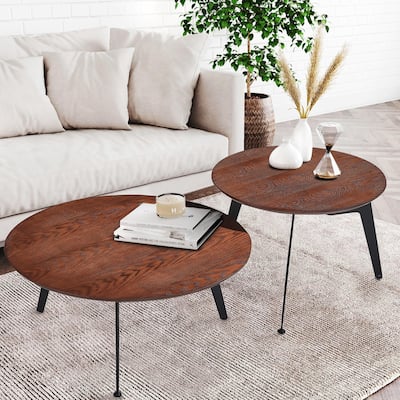 29.5 & 19.7 In Wood Tabletop Modern Round Brown End Table