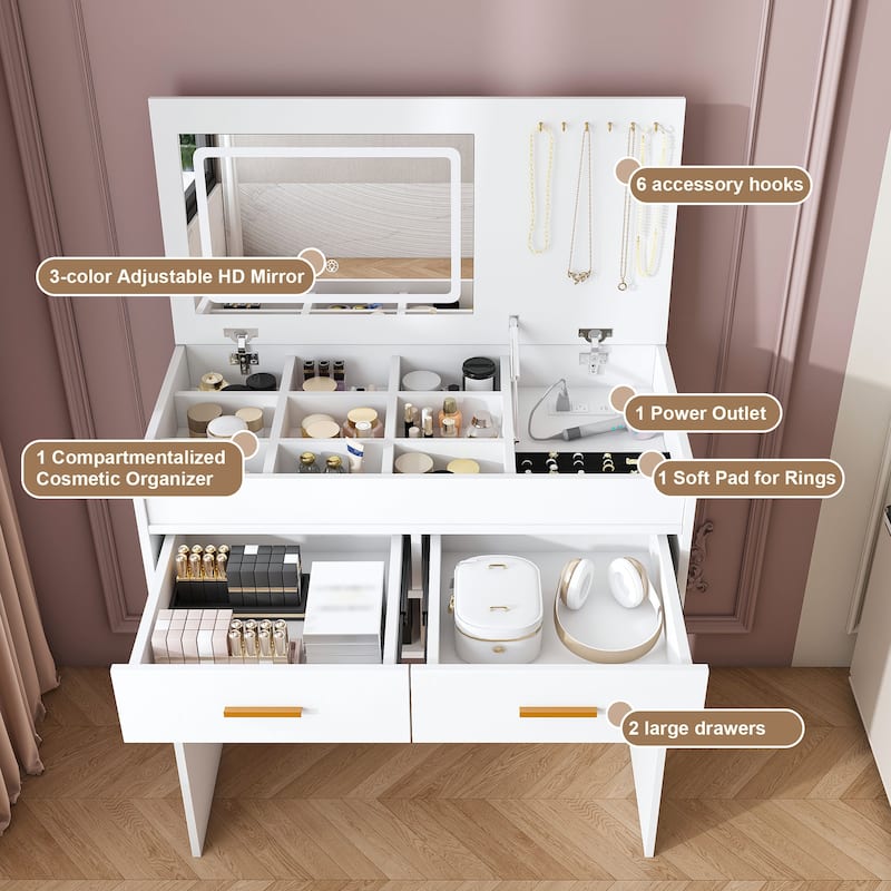 Flip Top Vanity Desk with Built-in LED Mirror, Outlet, 2 Drawers & Jewelry Hooks