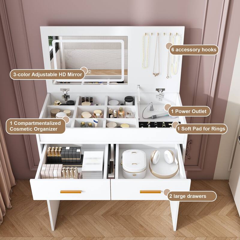 Flip Top Vanity Desk with LED Lighted Mirror and Power Outlet, Makeup Vanity Table with Drawers and Storage