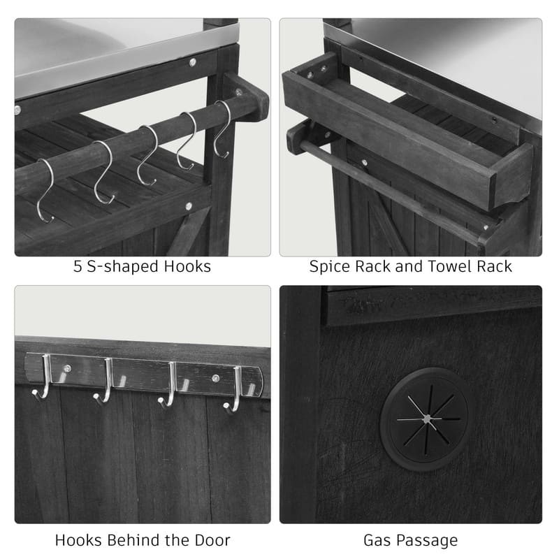 Outdoor Kitchen Island, Solid Wood Storage Cabinet with Stainless Steel Top and Lockable Wheels