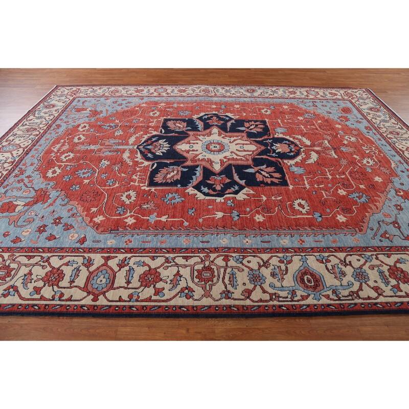 Red/ Ivory/ Blue Heriz Serapi Turkish Area Rug Handmade Wool Carpet - 9'0" x 12'0"