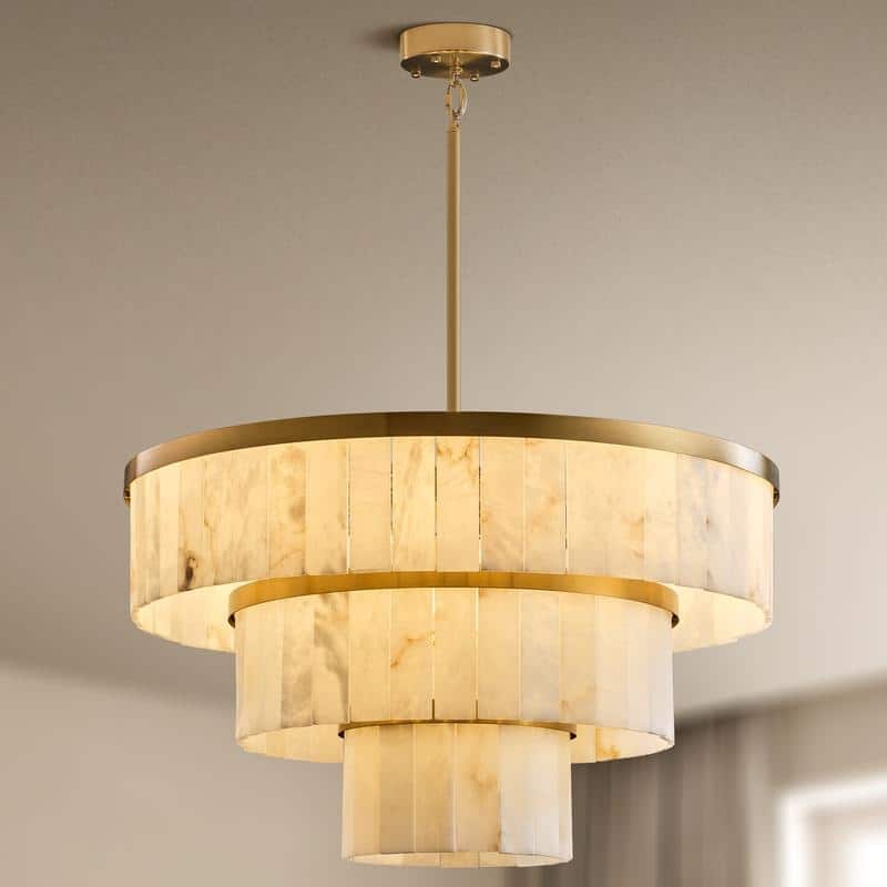 Elegant layered alabaster chandelier with natural stone panels - 32in - Glod