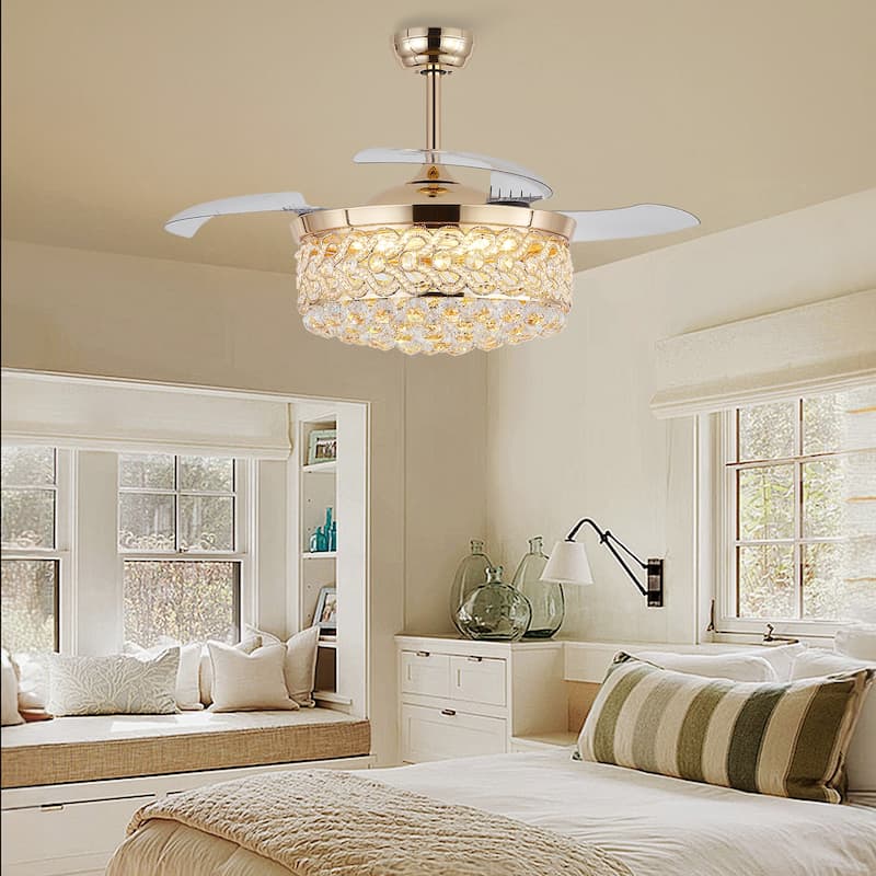 Kviflon 48'' Retractable Ceiling Fan with Lights and Remote 6 Speed, 3 Light Change Retractable Blade Chandelier Ceiling Fan