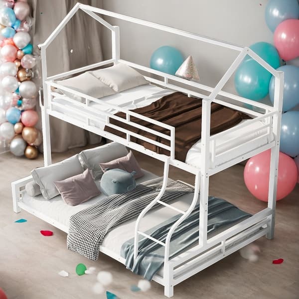 slide 2 of 40, 2 IN 1 Twin over Full Metal House Bunk Bed With Sturdy Frame White