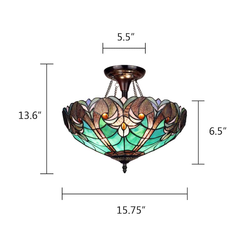 Tiffany Style Victorian Design 2-light Dark Bronze Semi-Flush Fixture - 13.6 inches High