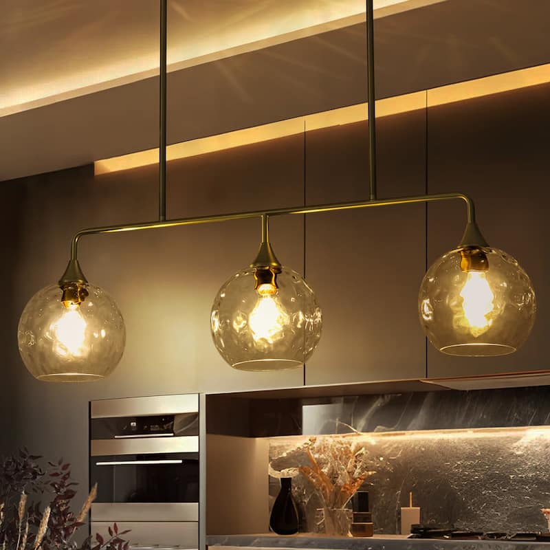 3-Light Modern Black/Brushed Gold Linear Chandelier for Kitchen Island with Clear Textured Glass Globe Shades