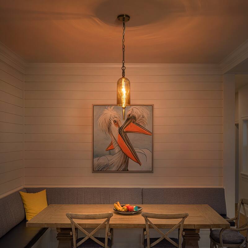 Vintage Gold Mini Pendant Light with Amber Glass Shade Fixture - Dia.4.72-in