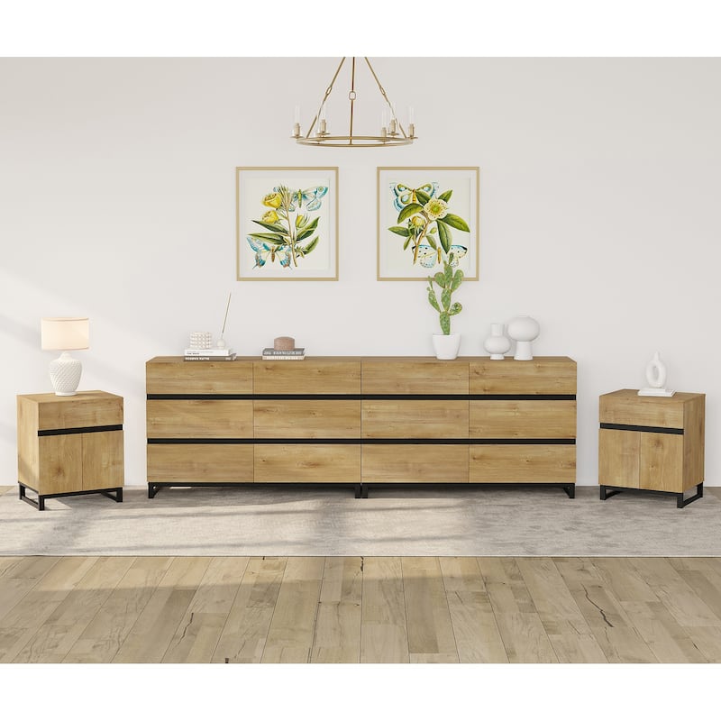 3-Piece Dresser And Nightstand Set,Dresser With 12 Drawers, 2 Nightstand for Bedroom, Bedroom Furniture Set - Oak - Full