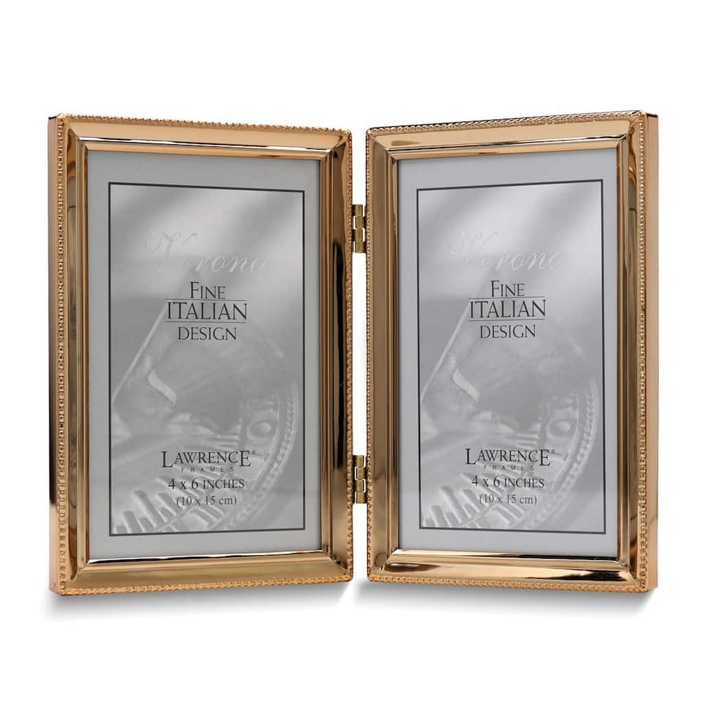 Curata Gold-Tone Portrait Hinged Polished Beaded 4x6 Double Photo Frame