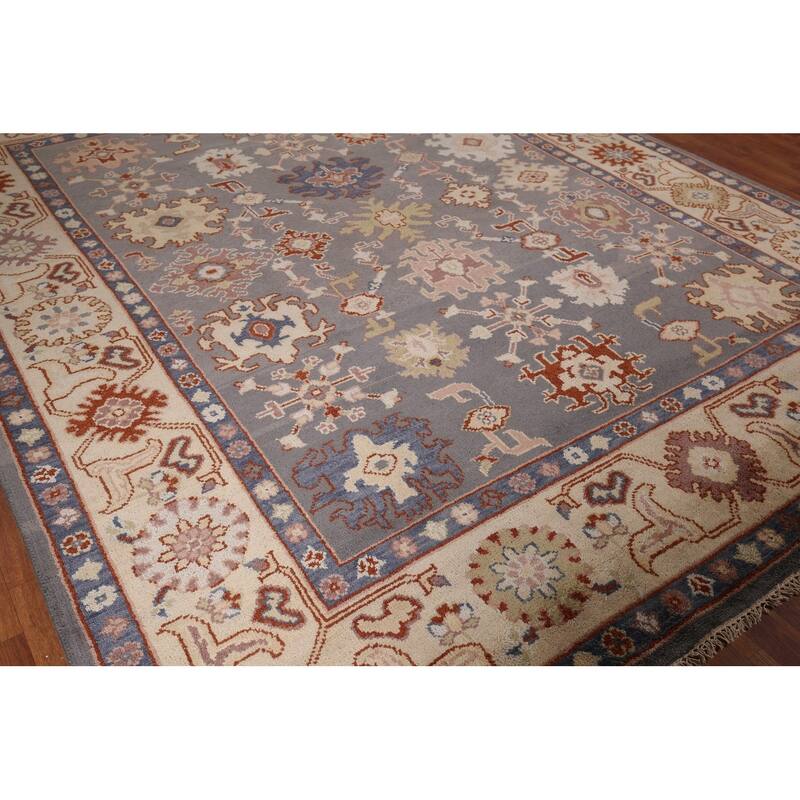 All-Over Gray Geometric Oushak Indian Rug Hand-Knotted Wool Carpet - 8'0"x 10'0"