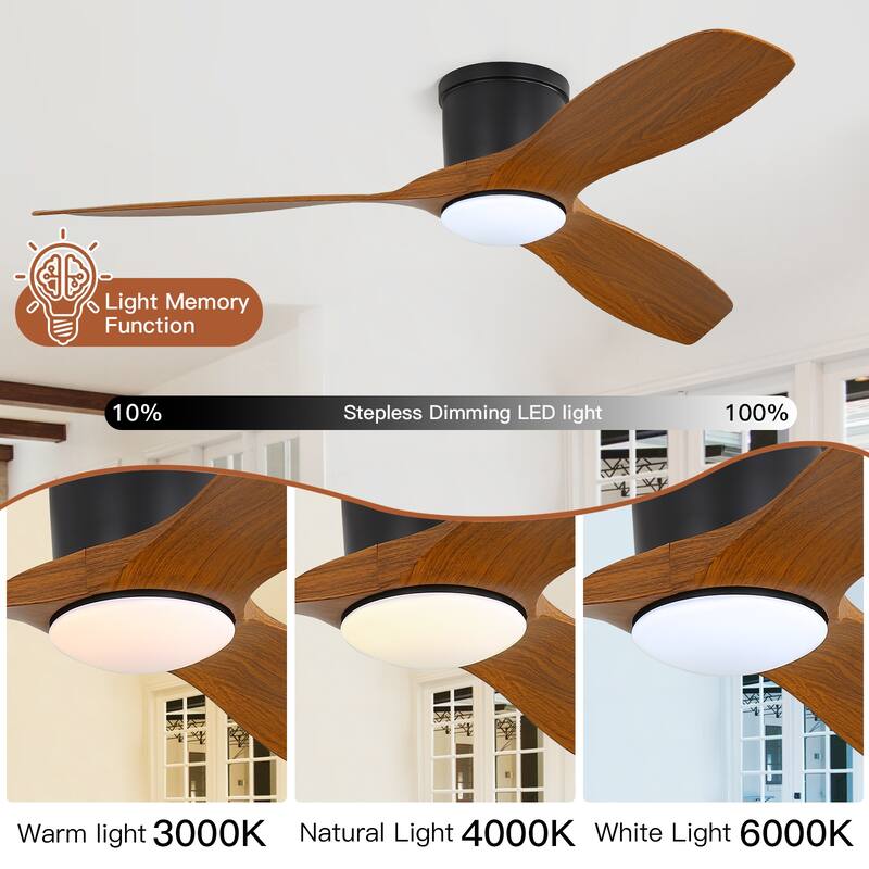 Sofucor 52 Inch Low Profile Flush Mount Ceiling Fan With Light and Remote,3-ABS Blades Smart Optional,Reversible DC Motor