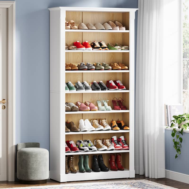 70." Tall Shoe Rack, 8-Tier Wooden Freestanding Shoe Storage Cabinet for 32-40 Pairs, White & Oak - white & oak