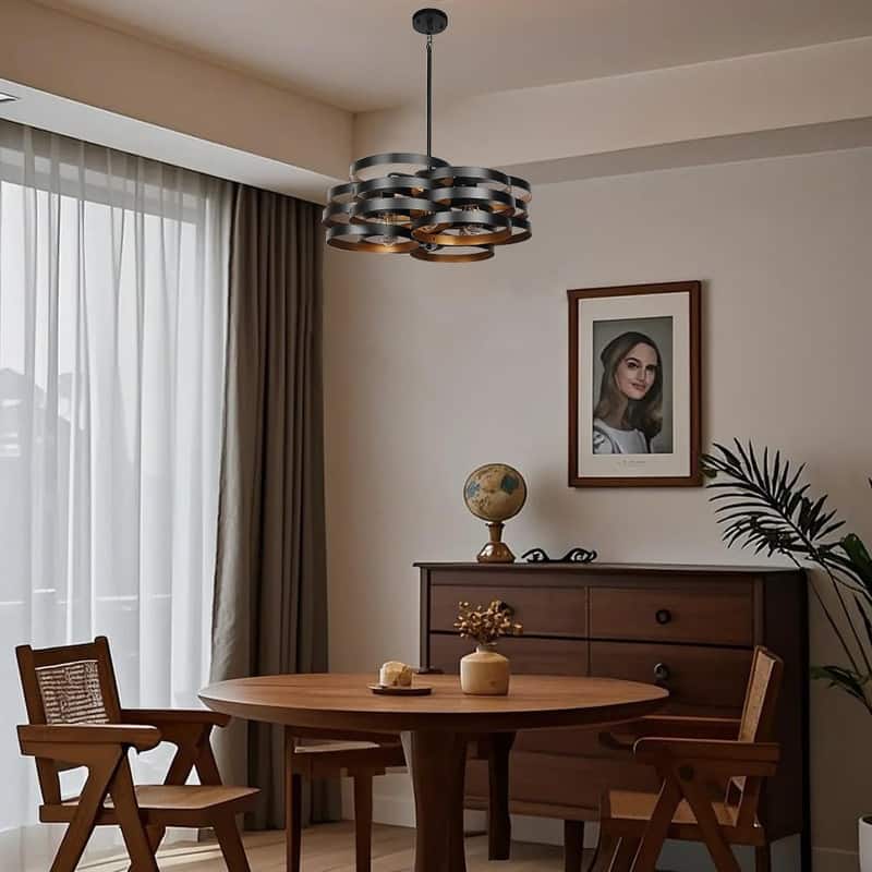 6 Light dining light fixtures black , gold bulb chandelier metal pendant light