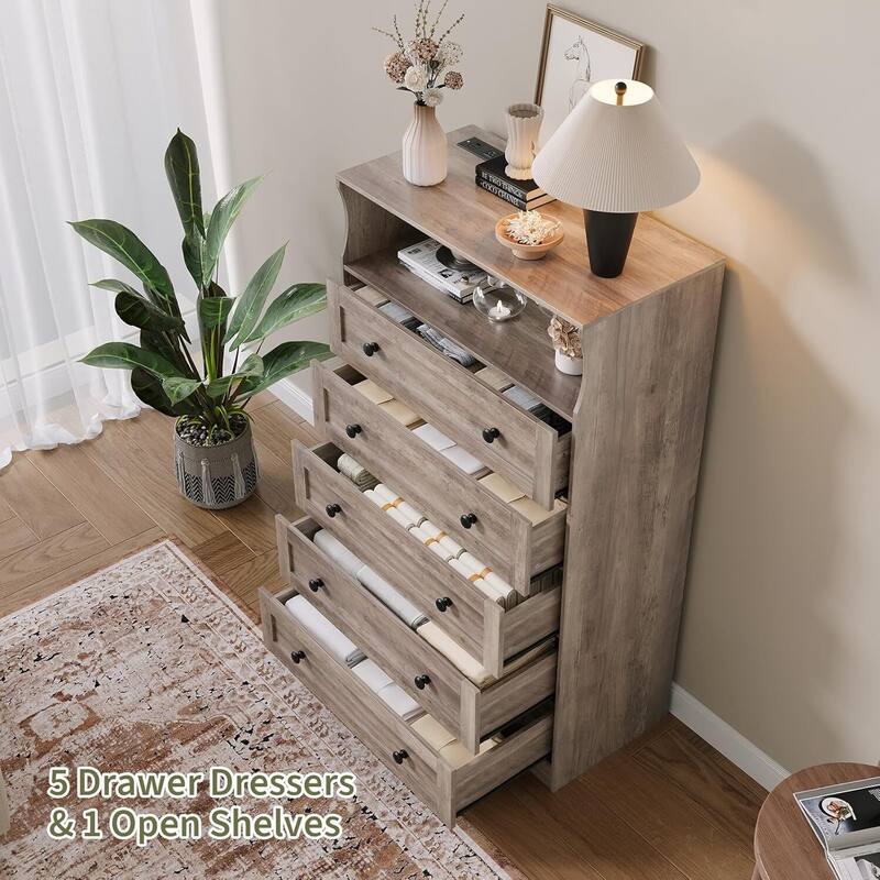 5 Drawer Dresser for Bedroom with Charging Station & LED Lights