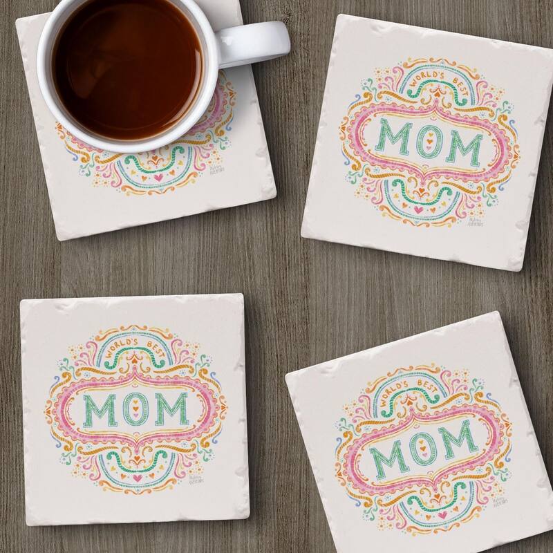 Mom 4-Pack Tumbled Tile Stone Coasters with Protective Cork Backing Manufactured in The USA