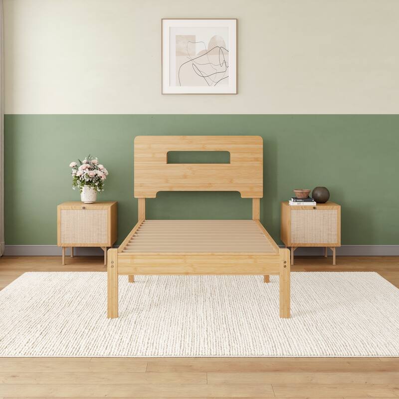 14" Heavy Duty Bamboo & Metal Platform Bed Frame with Headboard