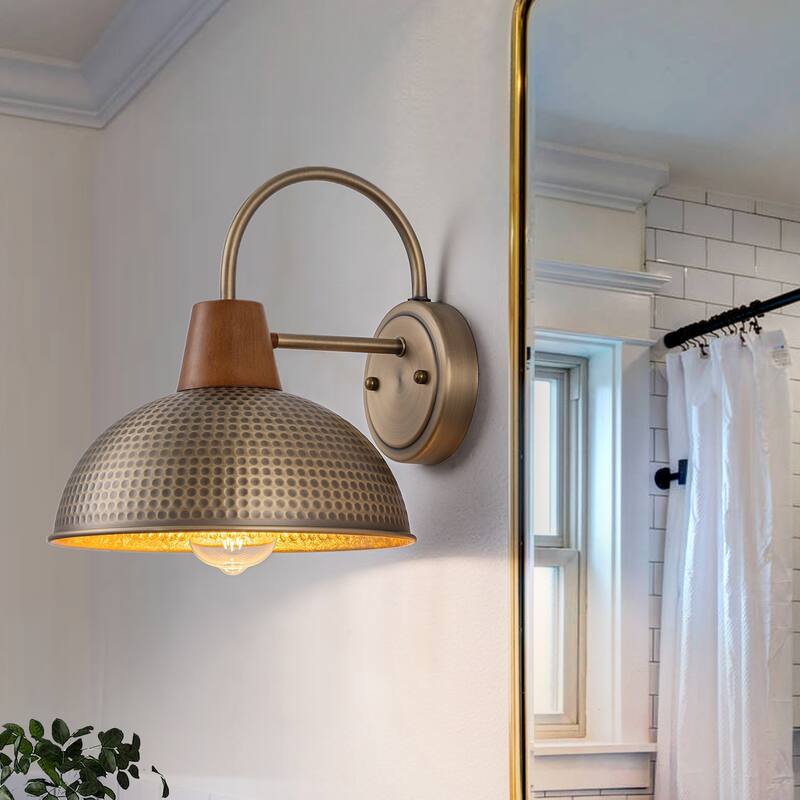 Farmhouse Industrial 1-Light Wall Sconce with Hammered Metal Shade Barn Outdoor Light - W10.24" - W10.24" - Antique Brass