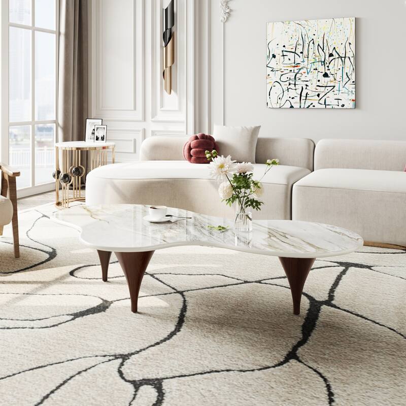 54.8" Modern Coffee Table, Glossy Faux Marble top, Metal Legs with wood texture