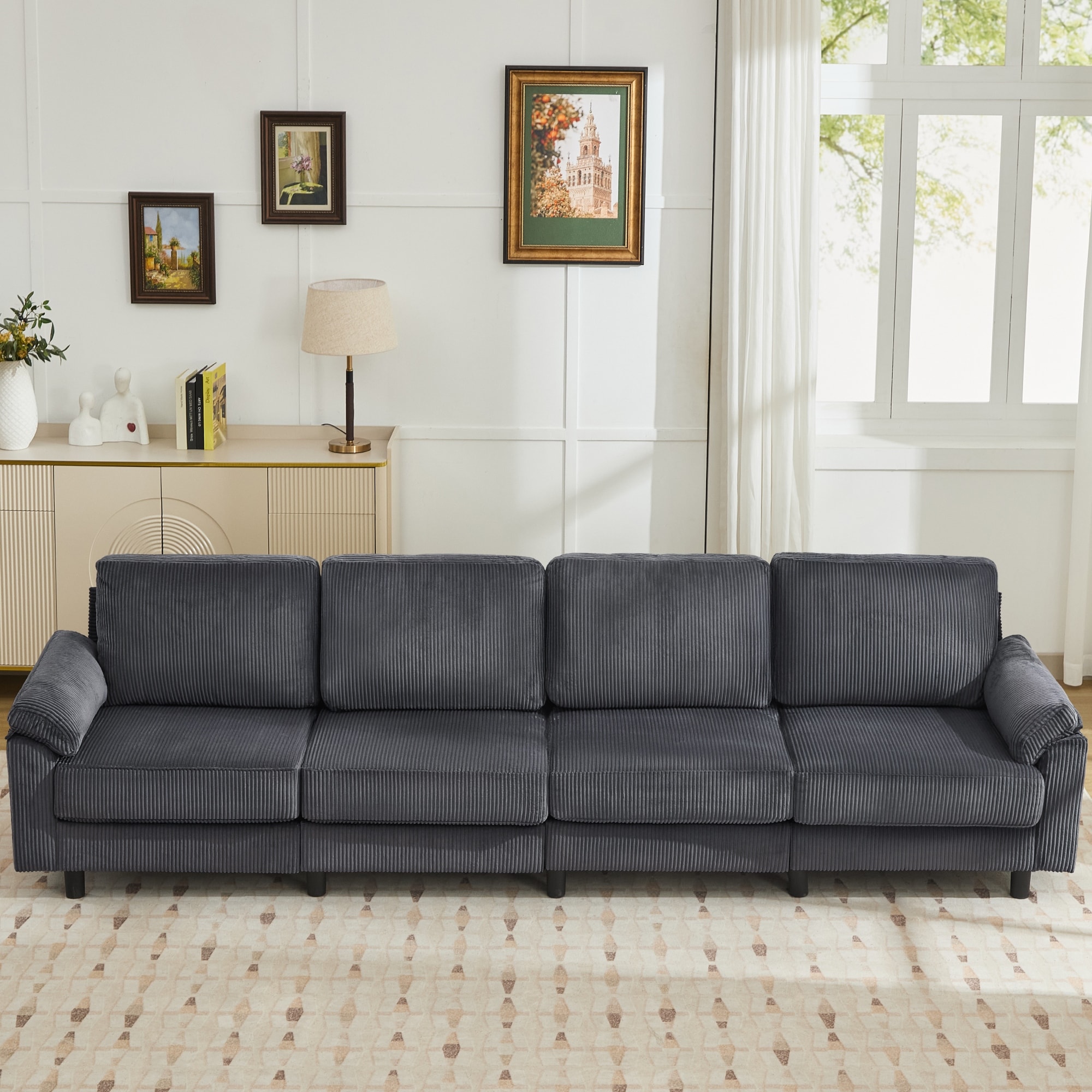 Modern Corduroy 4-Seat Sofa Couch with Pillow Top Arms