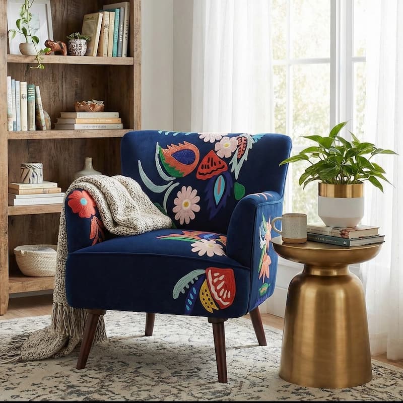 Nico Floral Embroidered Velvet Upholstered Accent Chair by Sevita - 30″ D x 32″ W x 33″ H - Navy Blue