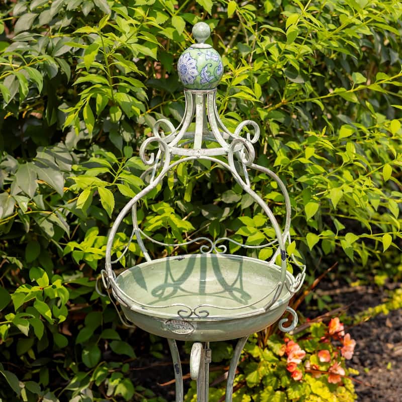 45 Inch Tall Standing Green Iron Birdbath with Ceramic Sailor Ball - 14.57x14.57x44.88