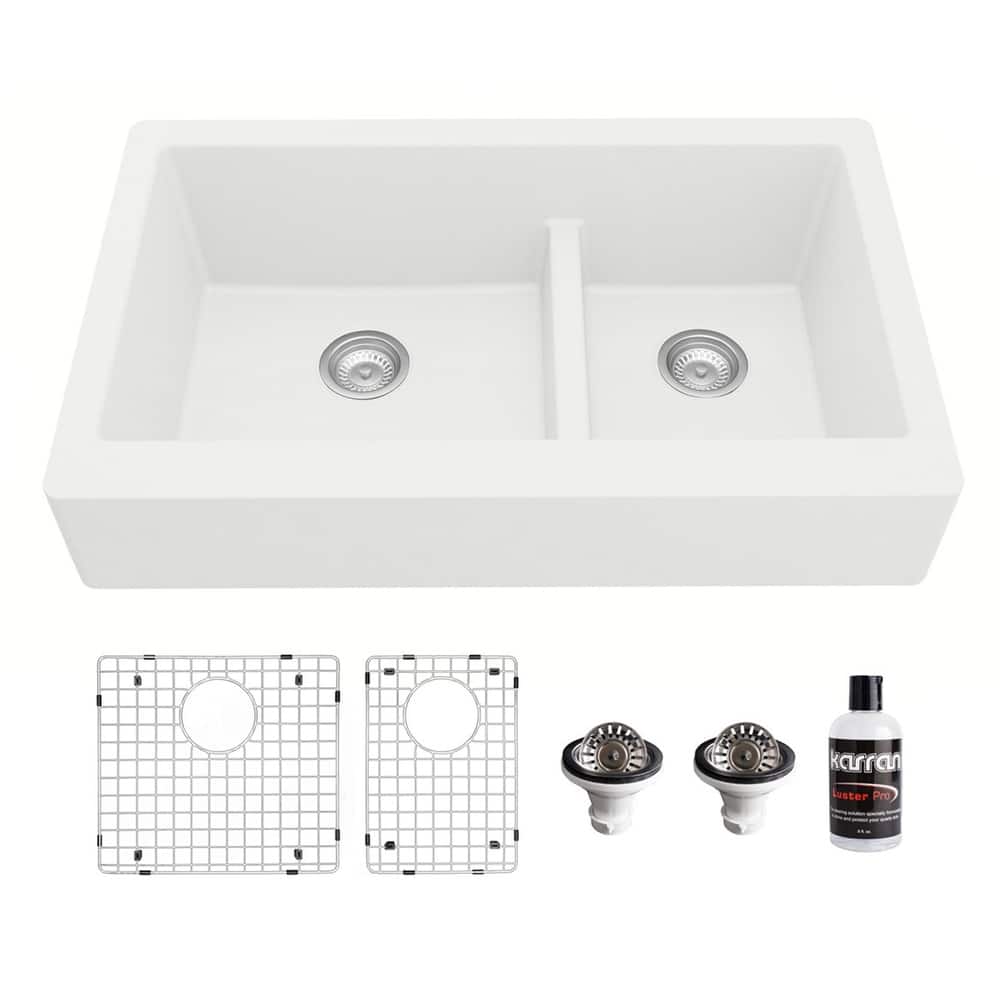 Karran Retrofit Farmhouse Quartz 34 in. Double Bowl 60/40 Sink Kit