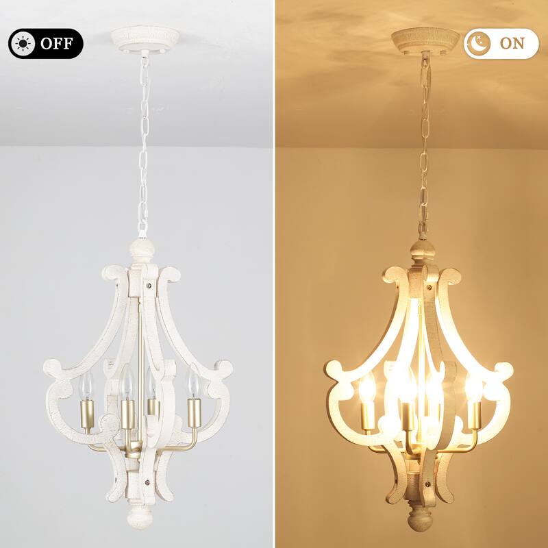 4-Light 14.56-inch Wooden Lantern Rustic Chandeliers for Entryway Hallway