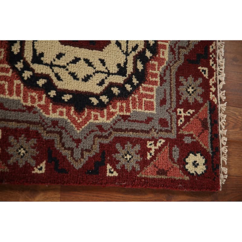 Red Geometric Kazak Indian Runner Rug Hand-Knotted Wool Carpet - 2'6"x 8'1"