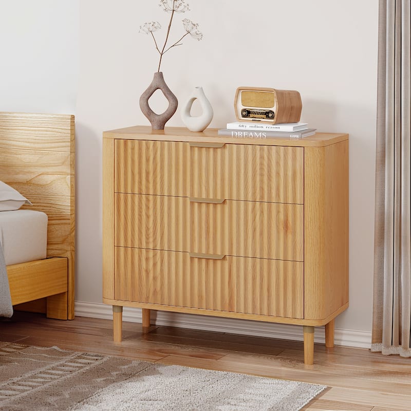 Moasis Modern Fluted 3-Drawer Dresser Chest of Drawers Natural Oak