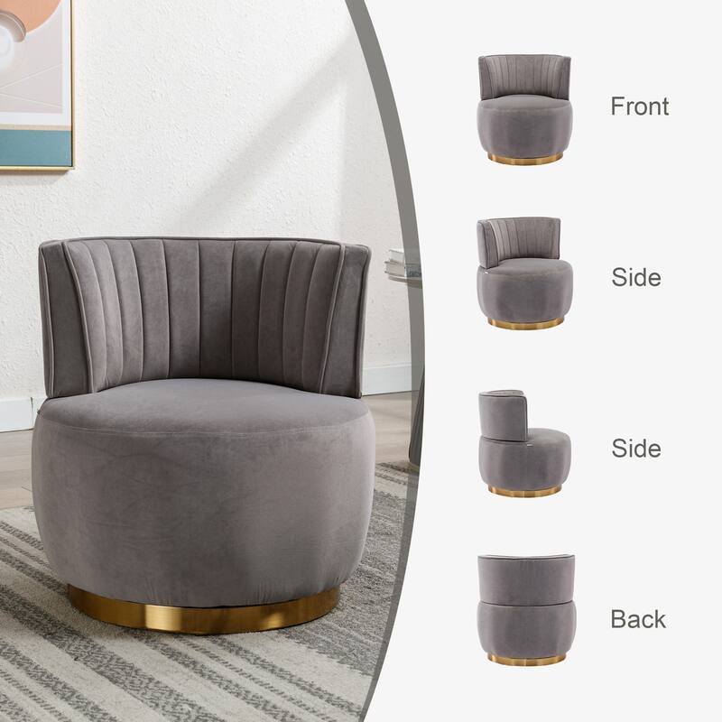 A round armchair with a 360 degree rotating bucket width cushion